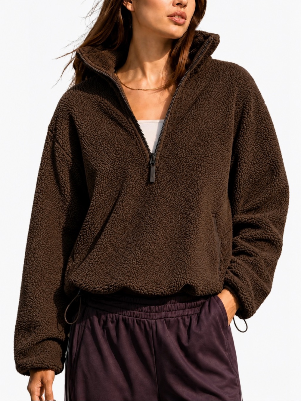 SHERPA PULLOVER | Oversized Women’s Cozy Half-Zip Jacket - Brown